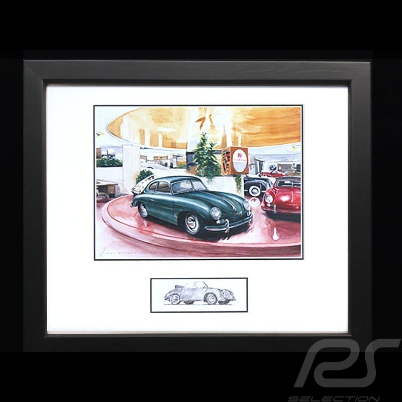 Porsche 356 A Carrera New York Showroom Grün Rahmen mit Schwarz-Weiß Skizze Limitierte Auflage Uli Ehret - 663-N