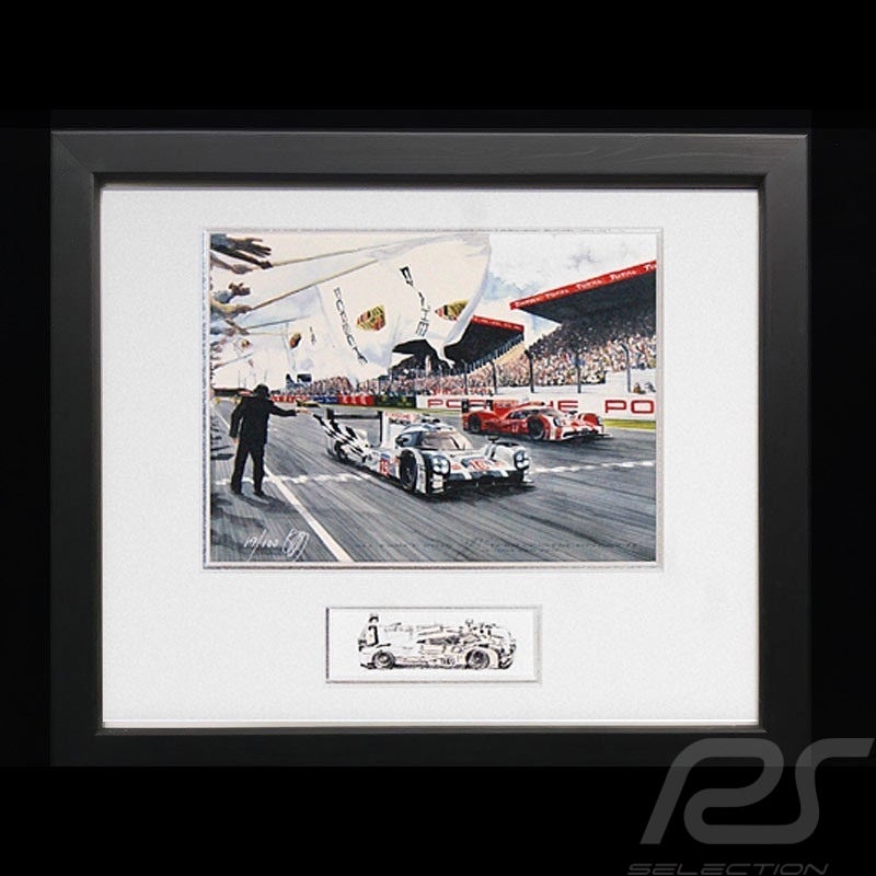 Porsche 919 n°19 Le Mans 2015 victory wood frame Black with black and white sketch Limited edition Uli Ehret - 566