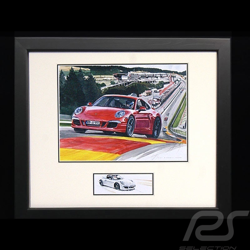 Porsche 911 type 991 Spa rouge cadre bois Noir avec esquisse noir et blanc Edition limitée Uli Ehret - 628 Porsche 911 type 991 Spa rouge cadre bois Noir avec esquisse noir et blanc Edition limitée Uli Ehret - 628