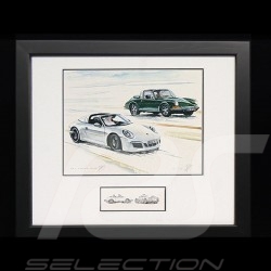 Porsche 50 Jahre Duo 911 Targa 1966 / 2016 Schwarz Rahmen mit Schwarz-Weiß Skizze Limitierte Auflage Uli Ehret - 648