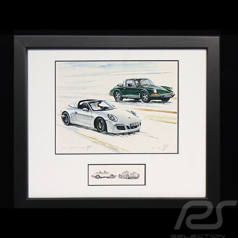Porsche 50 years Duo 911 Targa 1966 / 2016 wood frame Black with black and white sketch Limited edition Uli Ehret - 648