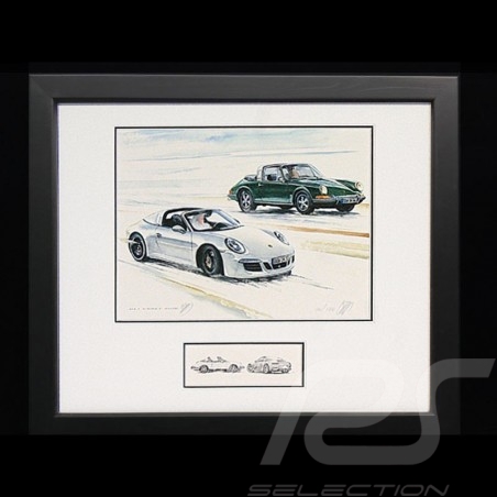 Porsche 50 Jahre Duo 911 Targa 1966 / 2016 Schwarz Rahmen mit Schwarz-Weiß Skizze Limitierte Auflage Uli Ehret - 648