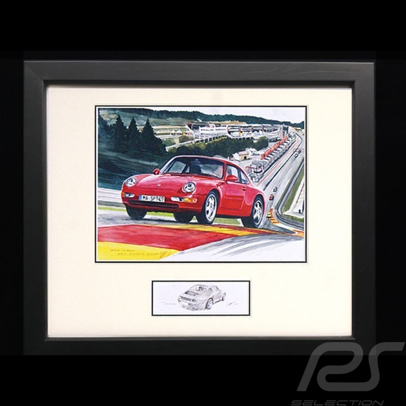 Porsche 911 type type 993 Spa red wood frame aluminum with black and white sketch Limited edition Uli Ehret - 650