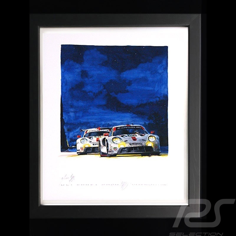 Porsche Poster 911 RSR typ 991 24h du Mans 2020 Schwarz Rahmen mit Schwarz-Weiß Skizze Limitierte Auflage Uli Ehret - 628