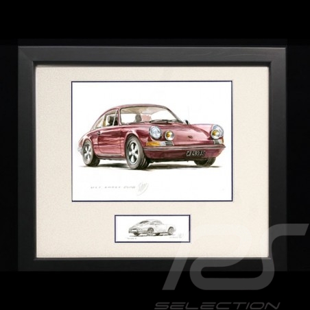 Porsche 911 Classic Fuschia pink Wood frame Black with black and white sketch Limited edition Uli Ehret - 748