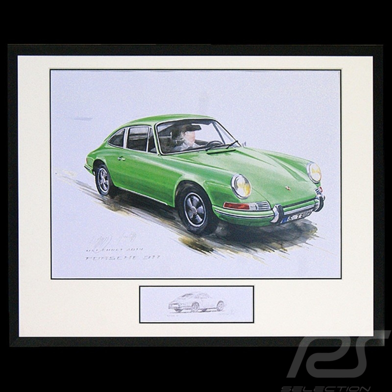 Porsche 911 Klassische grün Große schwarz Aluminium Rahmen mit Schwarz-Weiß Skizze Limitierte Auflage Uli Ehret - 527