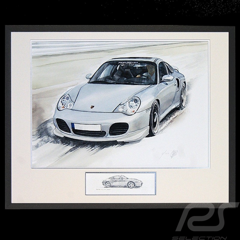 Porsche 911 type 996 Turbo blanche Grand cadre aluminium noir avec esquisse noir et blanc Edition limitée Uli Ehret - 104B