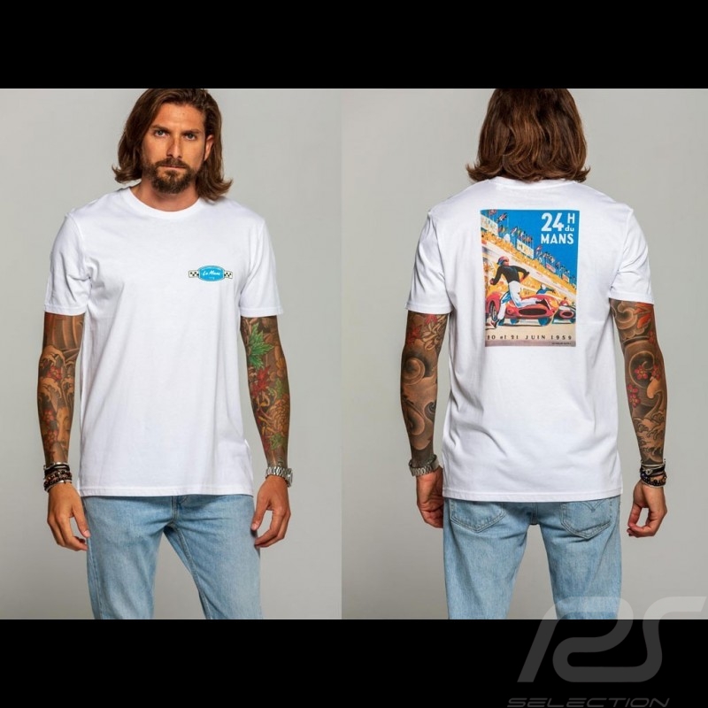 T-shirt 24h du Mans 1959 Logo bleu blue blau / Affiche Posyer Plakat Blanc White Weißhomme