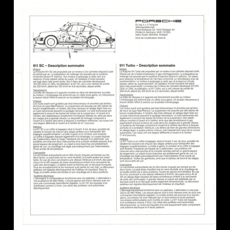 Porsche Brochure 911 SC / 911 Turbo 1981 in fench ref WVK110930