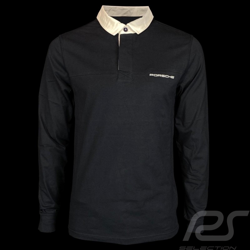 Polo Porsche Classic bleu marine / col blanc manches longues Porsche WAP917 - homme