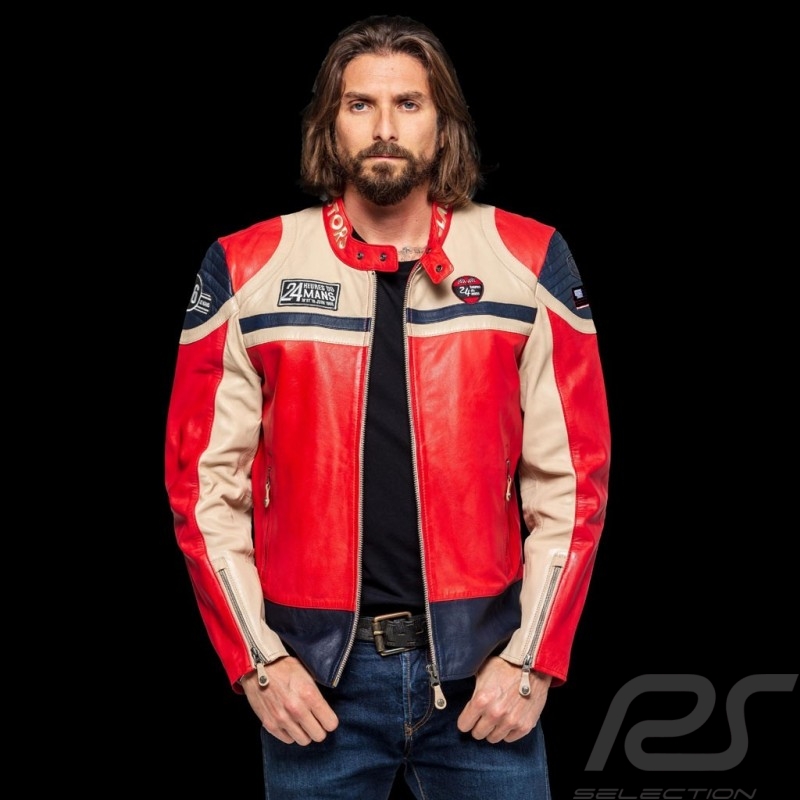 Lederjacke 24h Le Mans 66 Indianapolis rot / beige / navy blau - Herren