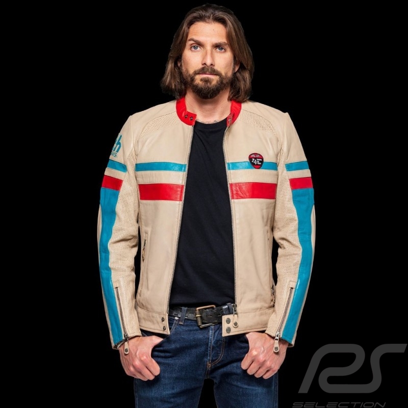 Lederjacke 24h Le Mans 66 Hunaudieres beige / türkis / rot - Herren jacket jacke