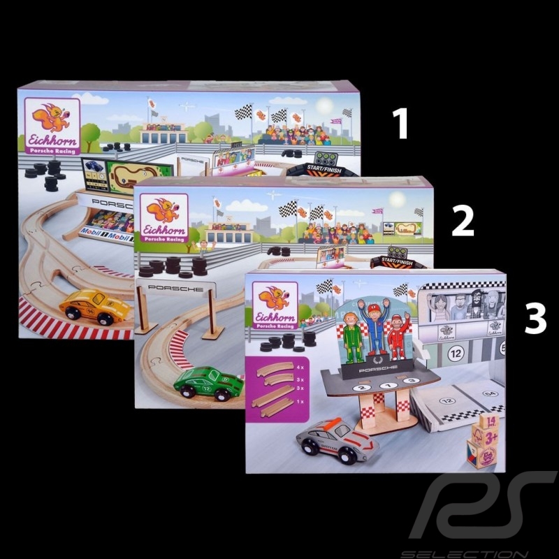 Set Circuit Porsche Racing en bois 1000 cm avec 6 voitures et accessoires Eichhorn 109475850 109475855 109475860