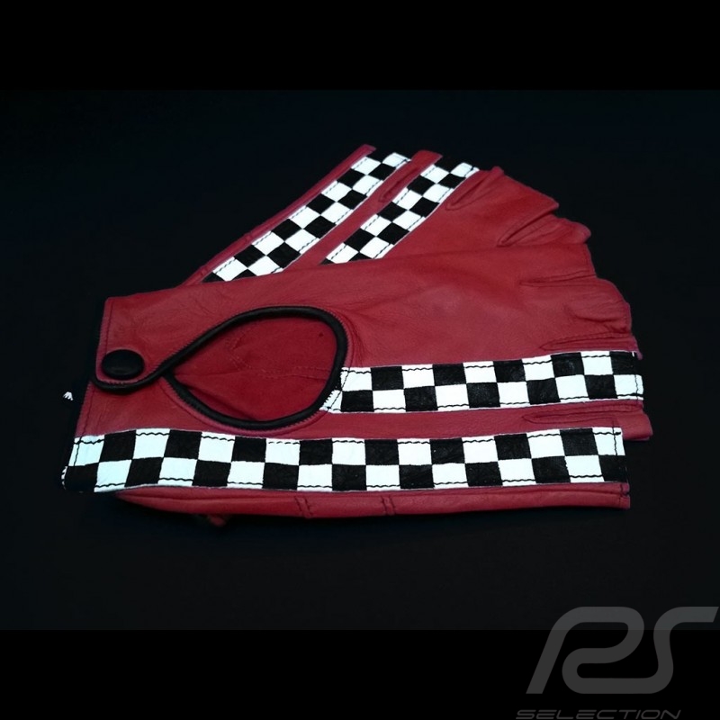 Fahren Handschuhe fingerless Leder Racing Rot / schwarz Zielflagge