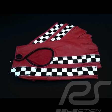 Fahren Handschuhe fingerless Leder Racing Rot / schwarz Zielflagge