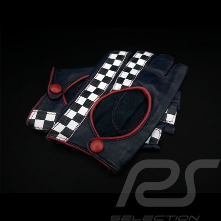 Driving Gloves fingerless mittens leather Racing Navy blue / red checkered flag