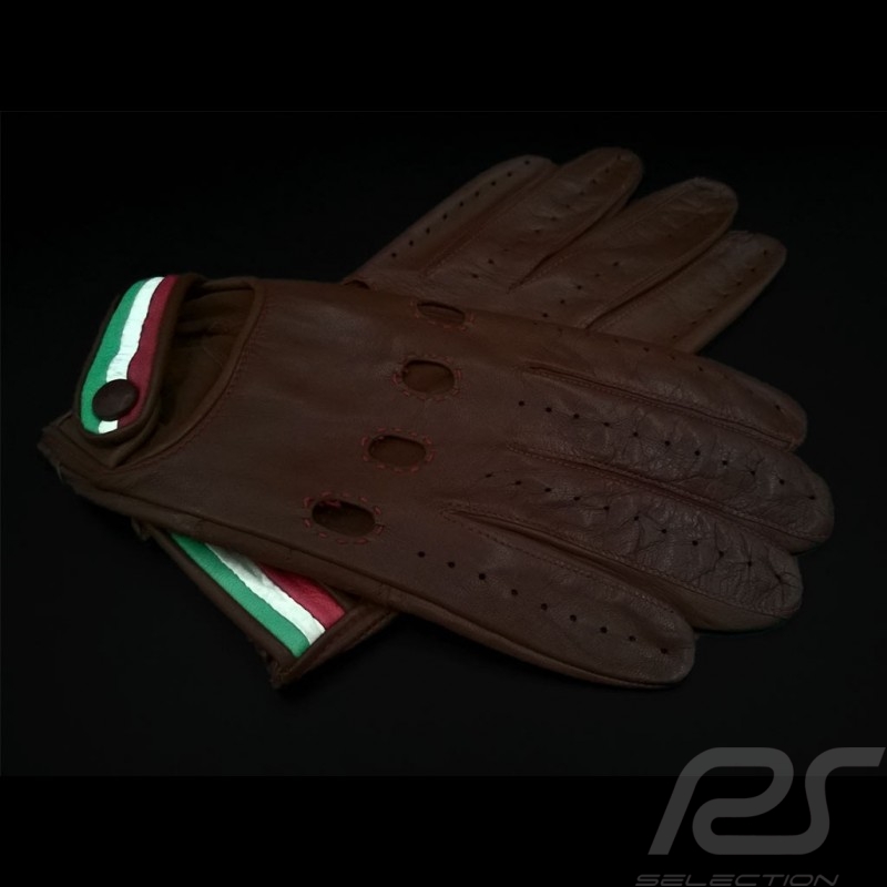 Gants de conduite Italia Racing Cuir Marron Bande tricolore Driving Gloves Fahren Handschuhe 