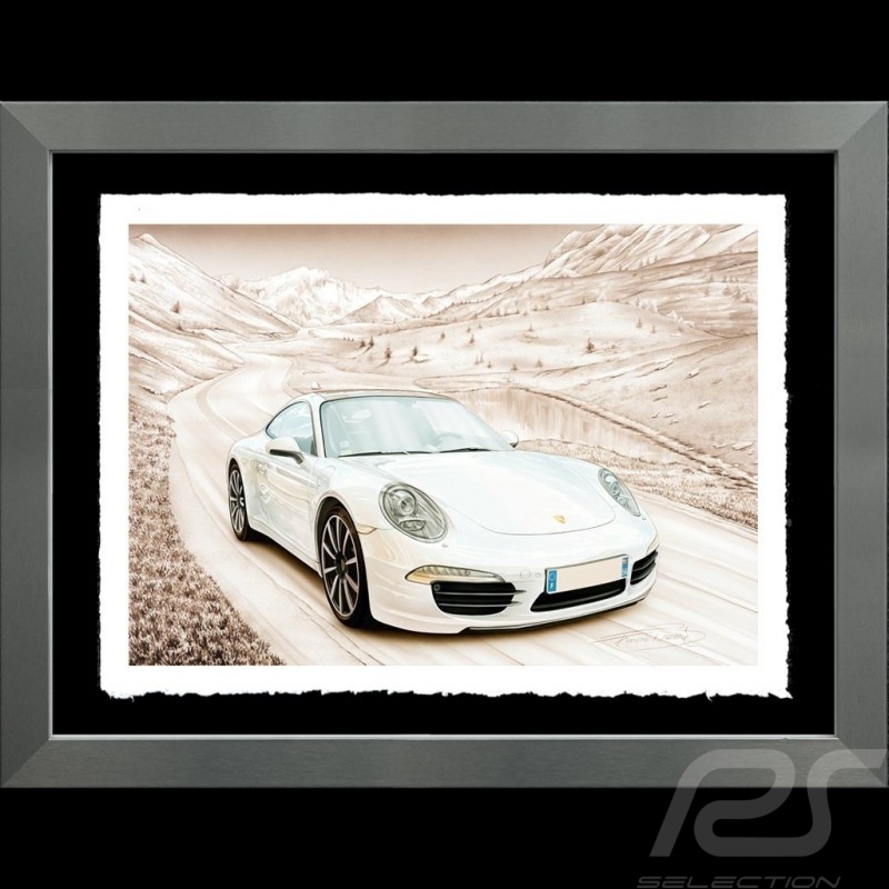 Porsche Poster Porsche 911 Type 991 Weiß Berg Aluminium Rahmen François Bruère - VA153