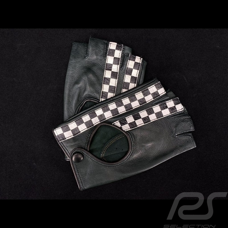 Fahren Handschuhe fingerless Leder Racing Dunkelgrün / Schwarz Zielflagge