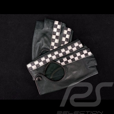 Gants de conduite sans doigts mitaines cuir Racing Vert sombre / Noir drapeau à damier Driving Gloves fingerless Fahren Handschu