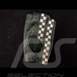 Driving Gloves fingerless mittens leather Racing Dark green / Black checkered flag