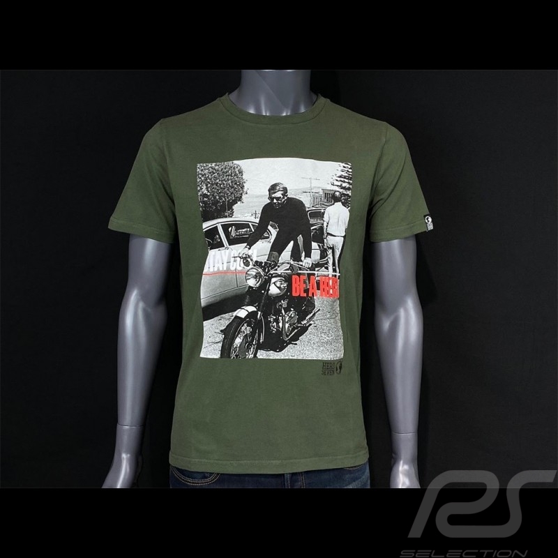 T shirt Steve McQueen Moto Stay cool be a hero Vert Kaki Hero