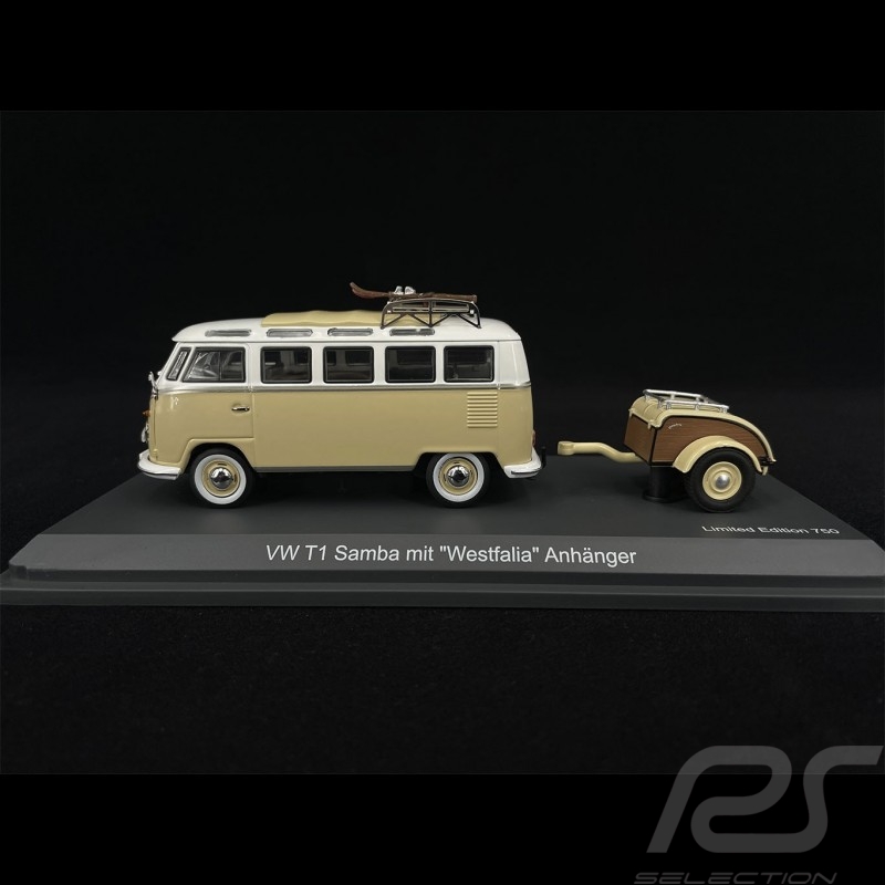 VW T1 Samba 1960 Beige Clair avec 2 paire de skis et remorque 1/43 Schuco 450254600