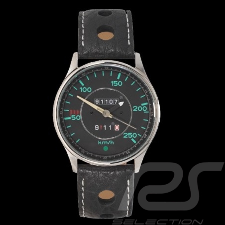 Montre compteur de vitesse Porsche 911 classique  boitier chrome  / fond noir / chiffres verts