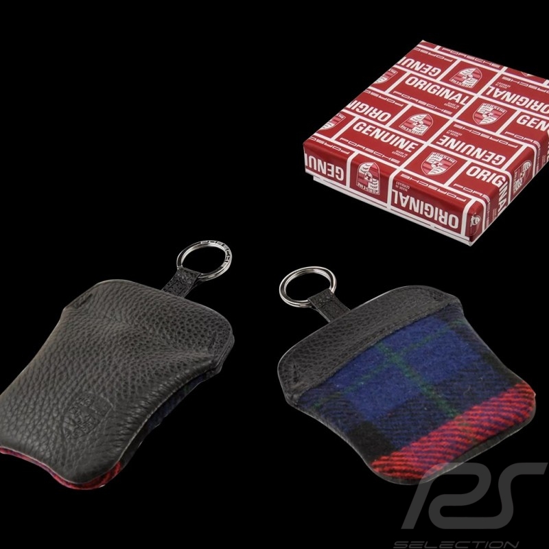 Porsche Classic key case Leather / Fabric Black / Tartan red / blue PCG91110010